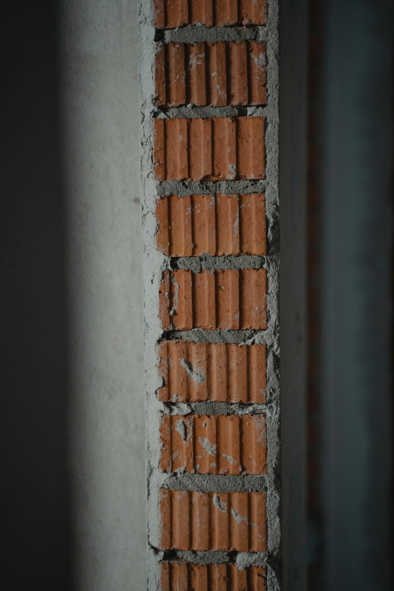 Szczegółowy widok przekroju ściany z cegły i cementu, ukazujący fakturę i jakość wykonania - budowa domu na Kaszubach.